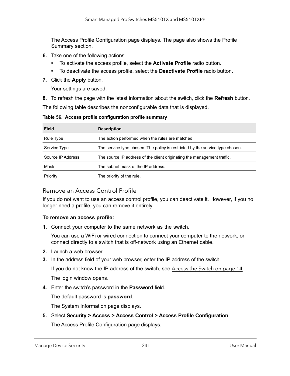 Remove an access control profile | NETGEAR MS510TXPP 8 Port Gigabit PoE Managed Switch User Manual | Page 241 / 355