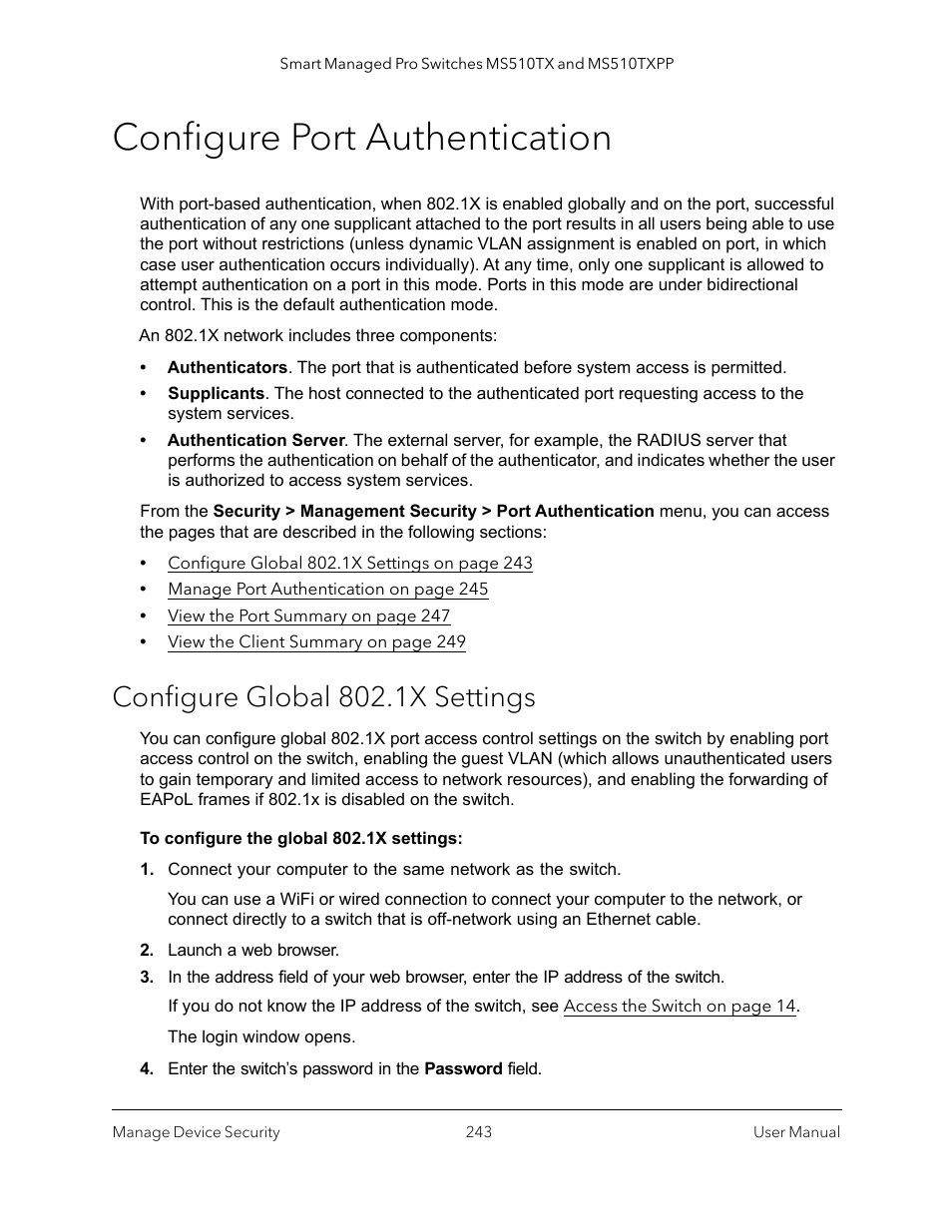 Configure port authentication, Configure global 802.1x settings | NETGEAR MS510TXPP 8 Port Gigabit PoE Managed Switch User Manual | Page 243 / 355