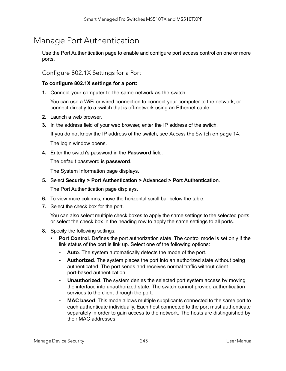 Manage port authentication | NETGEAR MS510TXPP 8 Port Gigabit PoE Managed Switch User Manual | Page 245 / 355