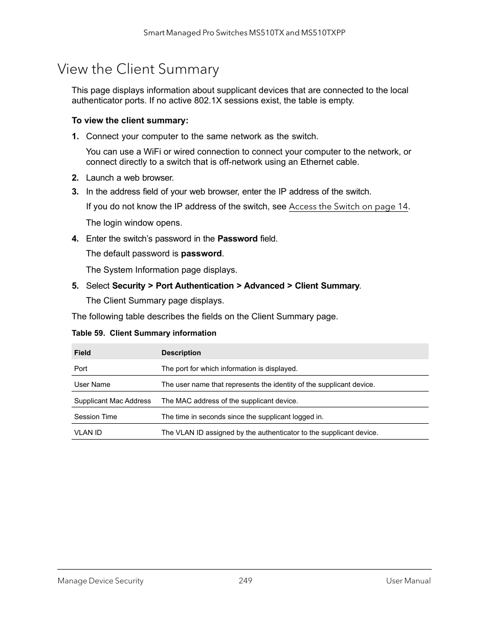 View the client summary | NETGEAR MS510TXPP 8 Port Gigabit PoE Managed Switch User Manual | Page 249 / 355