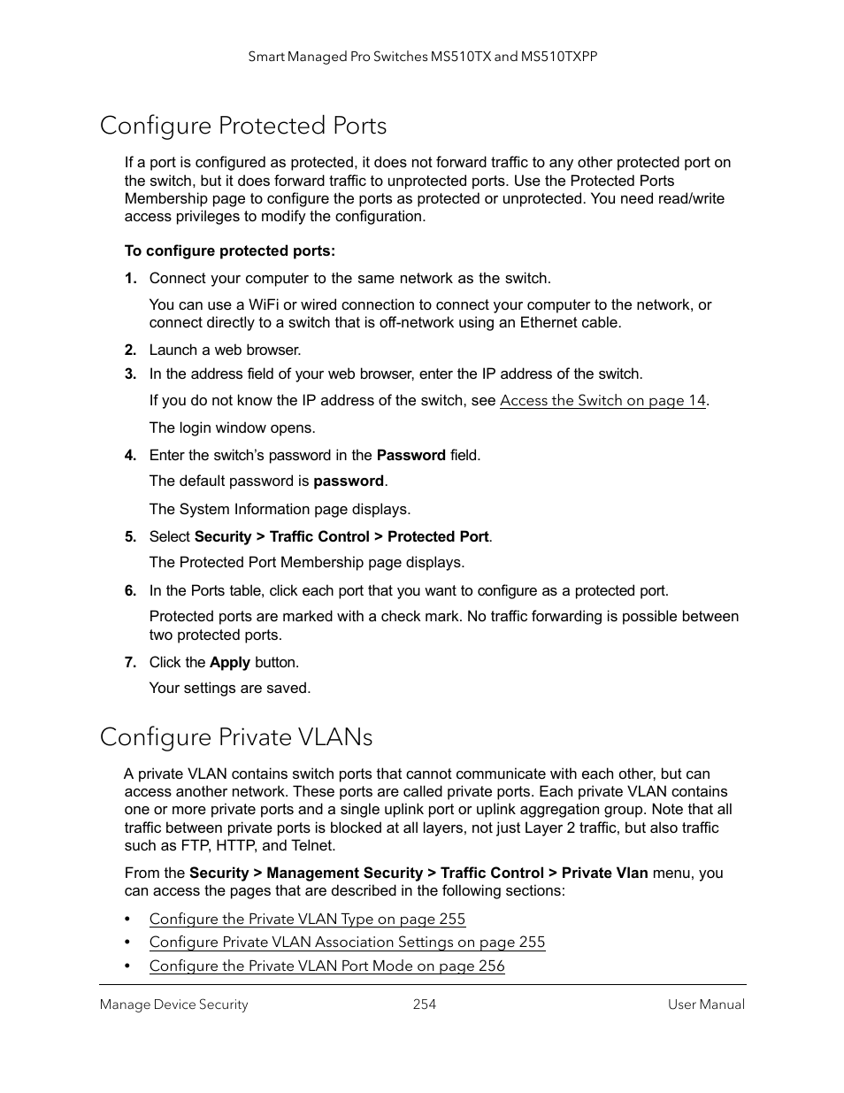 Configure protected ports, Configure private vlans, Configure protected ports configure private vlans | NETGEAR MS510TXPP 8 Port Gigabit PoE Managed Switch User Manual | Page 254 / 355