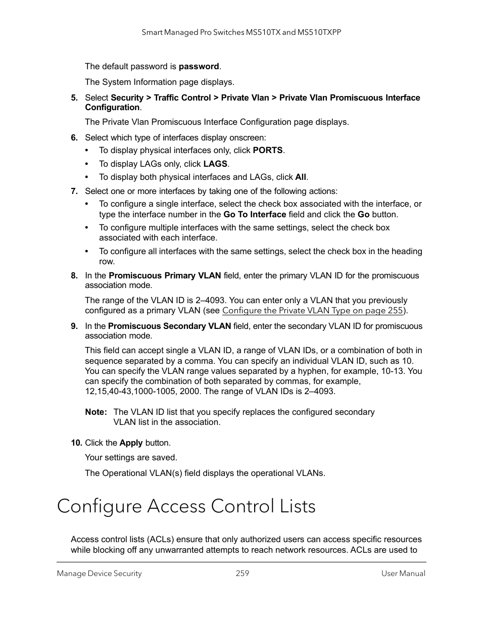 Configure access control lists | NETGEAR MS510TXPP 8 Port Gigabit PoE Managed Switch User Manual | Page 259 / 355