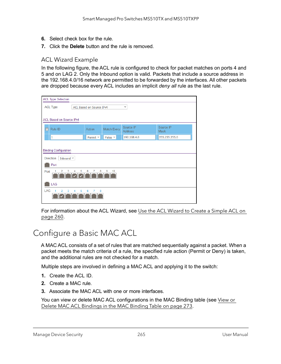 Configure a basic mac acl | NETGEAR MS510TXPP 8 Port Gigabit PoE Managed Switch User Manual | Page 265 / 355