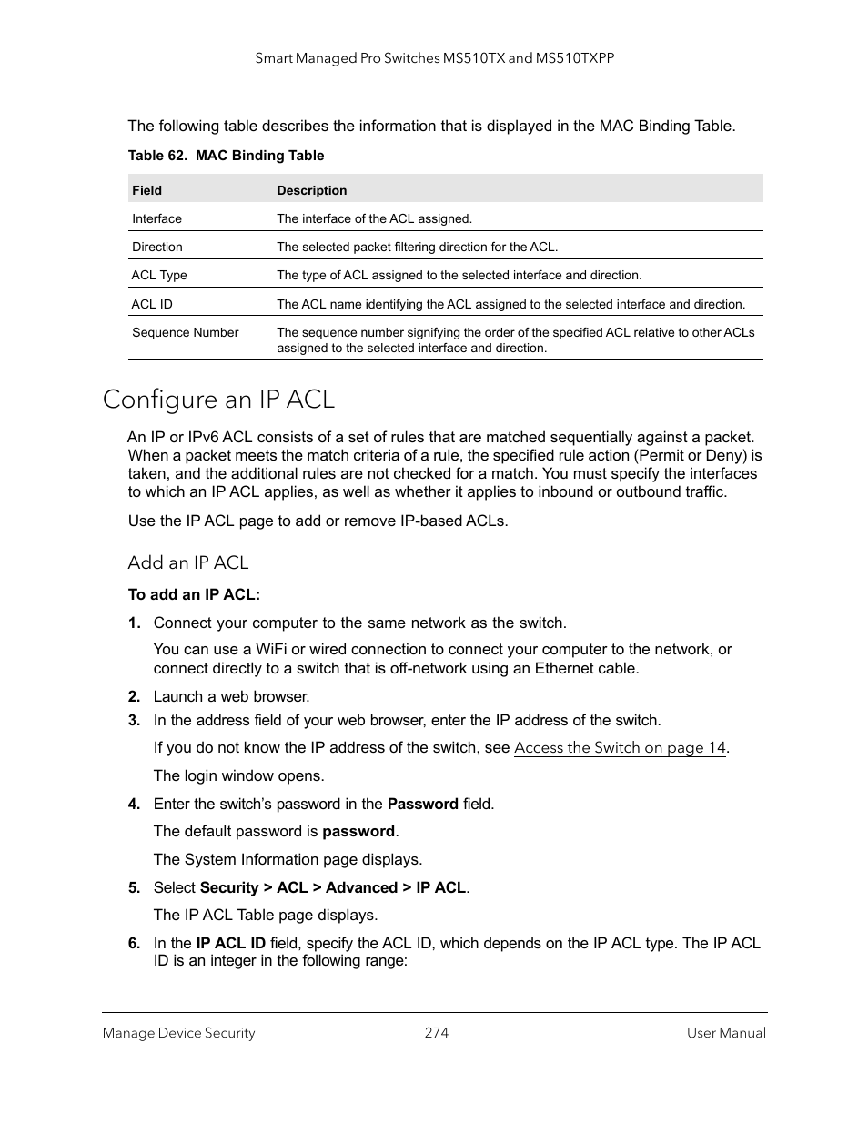 Configure an ip acl, Add an ip acl | NETGEAR MS510TXPP 8 Port Gigabit PoE Managed Switch User Manual | Page 274 / 355