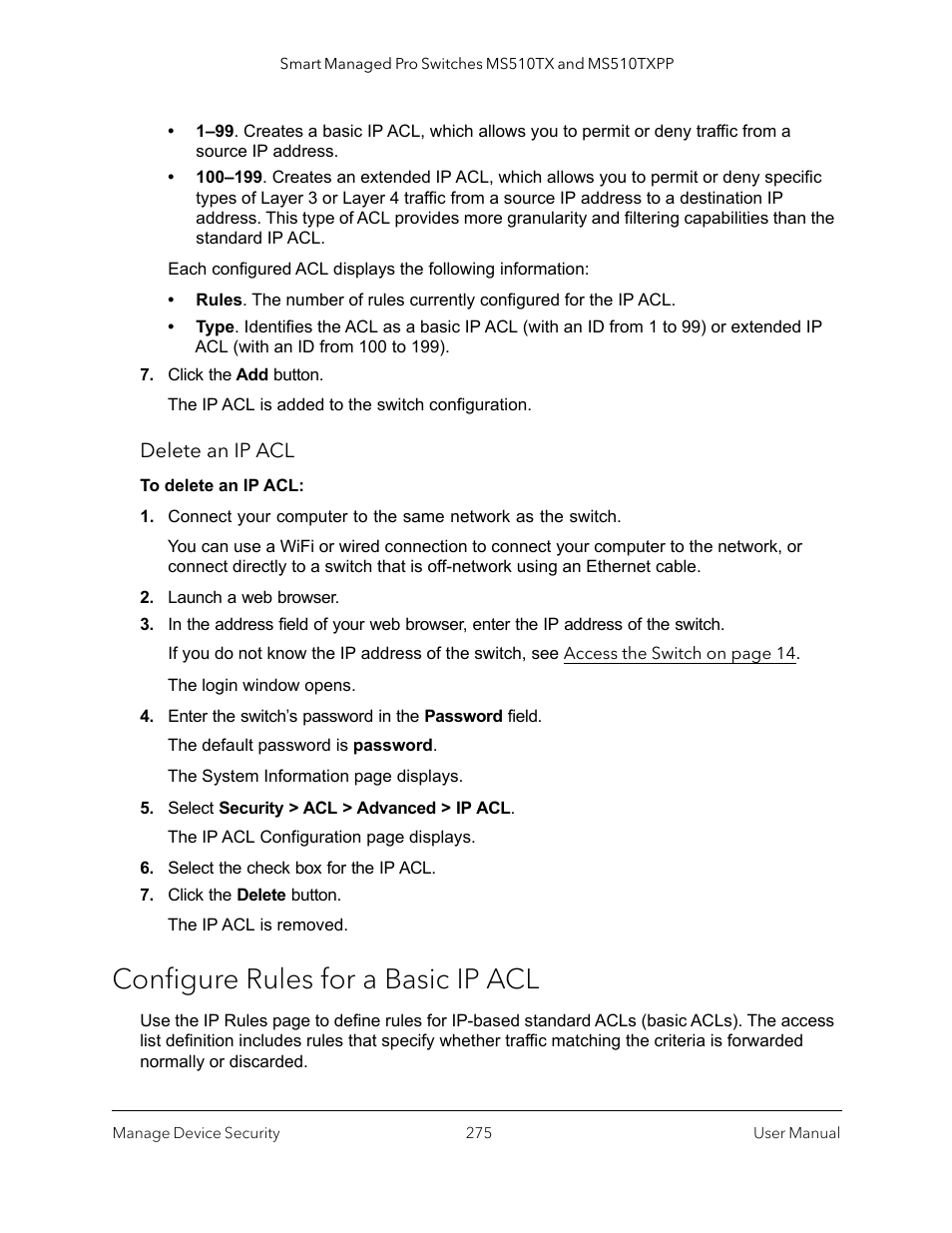 Configure rules for a basic ip acl | NETGEAR MS510TXPP 8 Port Gigabit PoE Managed Switch User Manual | Page 275 / 355