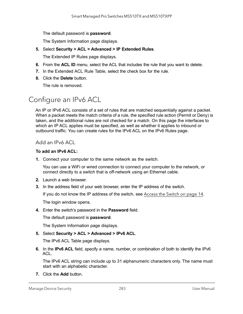 Configure an ipv6 acl | NETGEAR MS510TXPP 8 Port Gigabit PoE Managed Switch User Manual | Page 283 / 355