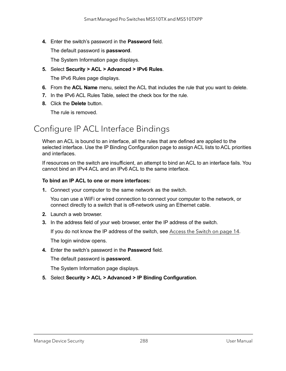 Configure ip acl interface bindings | NETGEAR MS510TXPP 8 Port Gigabit PoE Managed Switch User Manual | Page 288 / 355