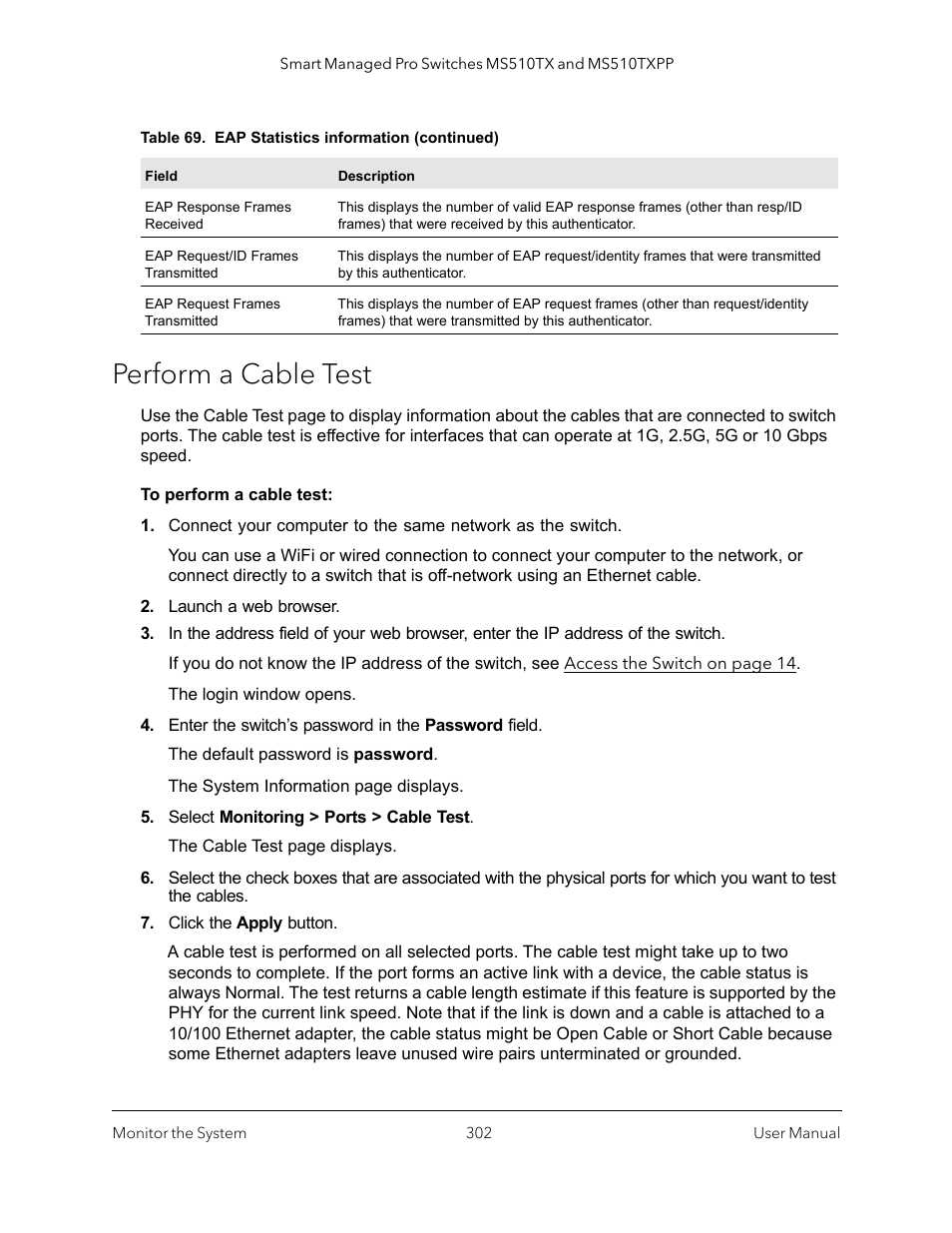 Perform a cable test | NETGEAR MS510TXPP 8 Port Gigabit PoE Managed Switch User Manual | Page 302 / 355