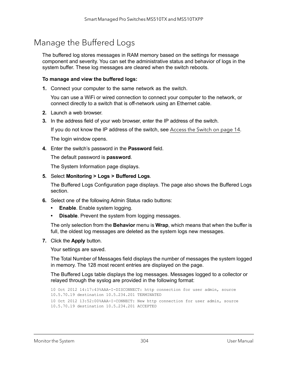 Manage the buffered logs | NETGEAR MS510TXPP 8 Port Gigabit PoE Managed Switch User Manual | Page 304 / 355