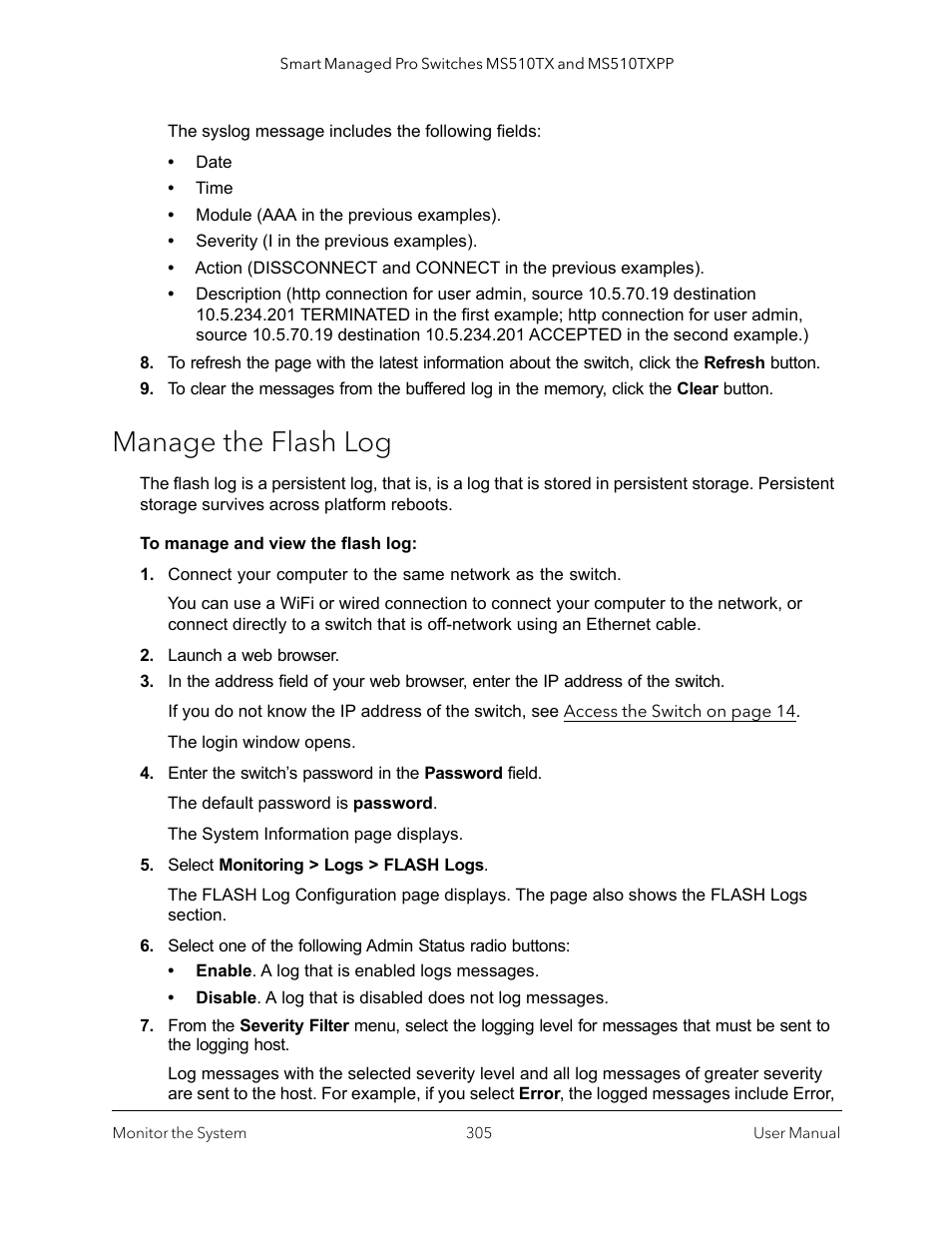 Manage the flash log | NETGEAR MS510TXPP 8 Port Gigabit PoE Managed Switch User Manual | Page 305 / 355