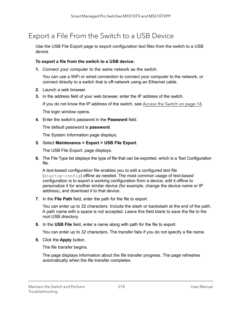 Export a file from the switch to a usb device | NETGEAR MS510TXPP 8 Port Gigabit PoE Managed Switch User Manual | Page 318 / 355