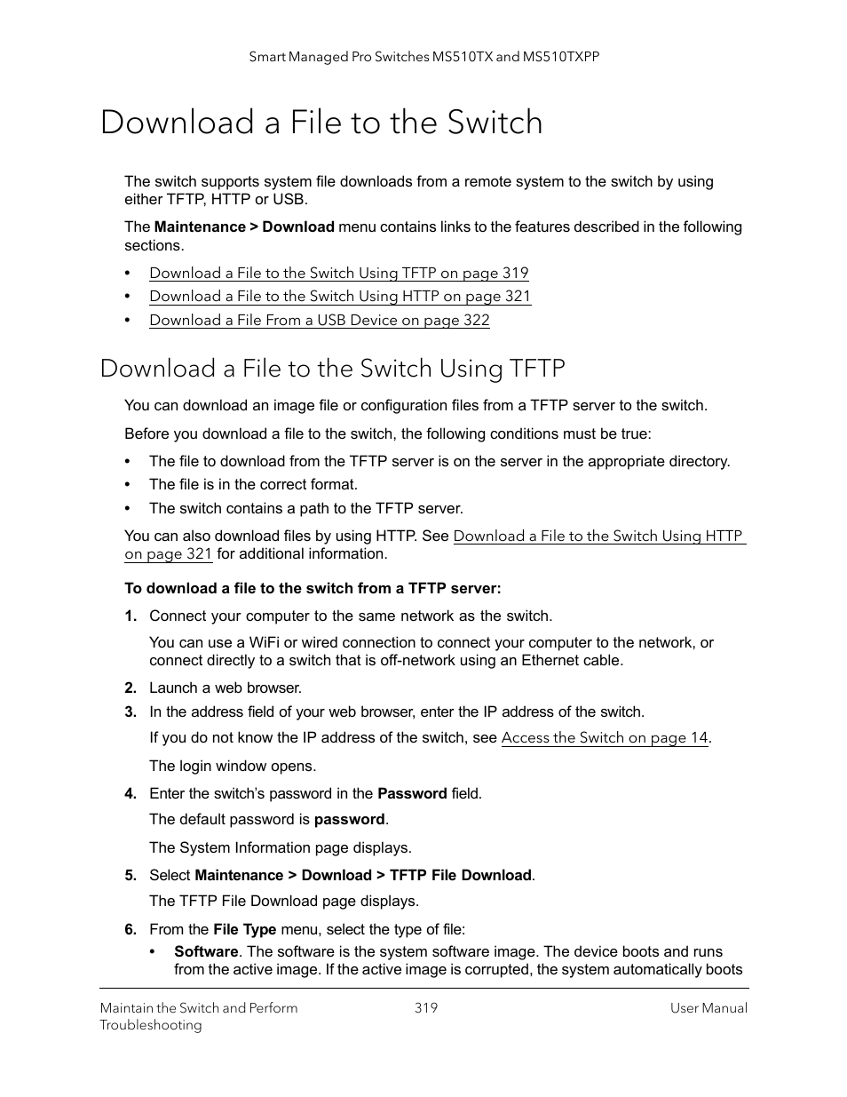 Download a file to the switch, Download a file to the switch using tftp | NETGEAR MS510TXPP 8 Port Gigabit PoE Managed Switch User Manual | Page 319 / 355