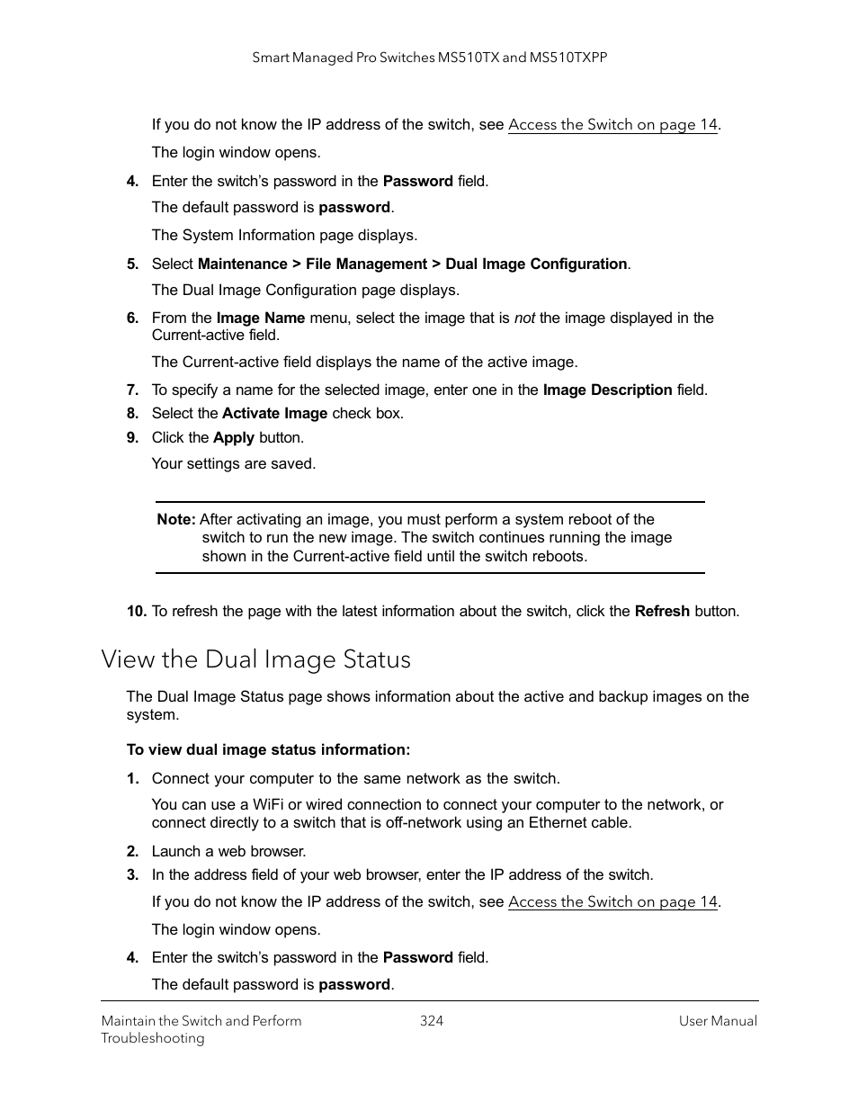 View the dual image status | NETGEAR MS510TXPP 8 Port Gigabit PoE Managed Switch User Manual | Page 324 / 355