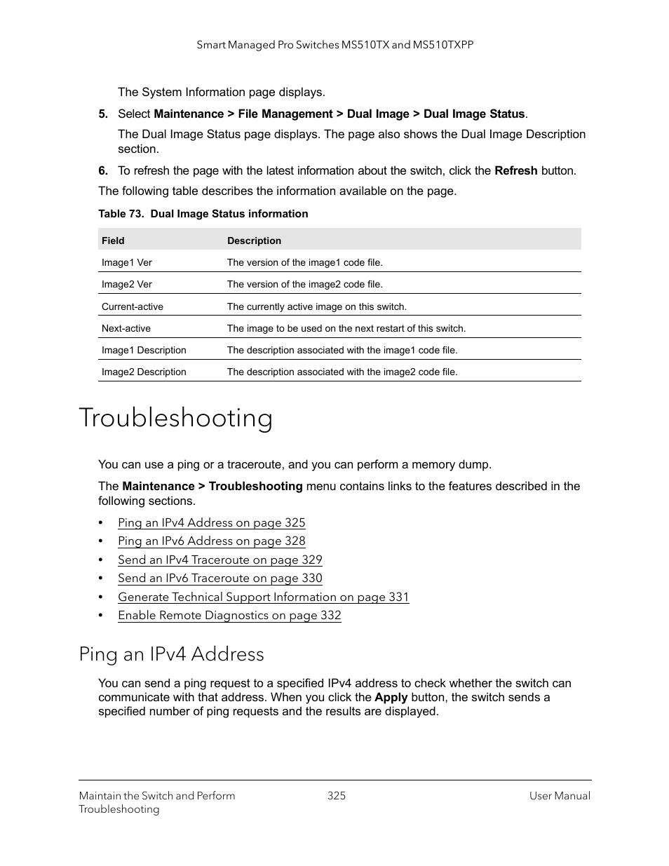 Troubleshooting, Ping an ipv4 address | NETGEAR MS510TXPP 8 Port Gigabit PoE Managed Switch User Manual | Page 325 / 355