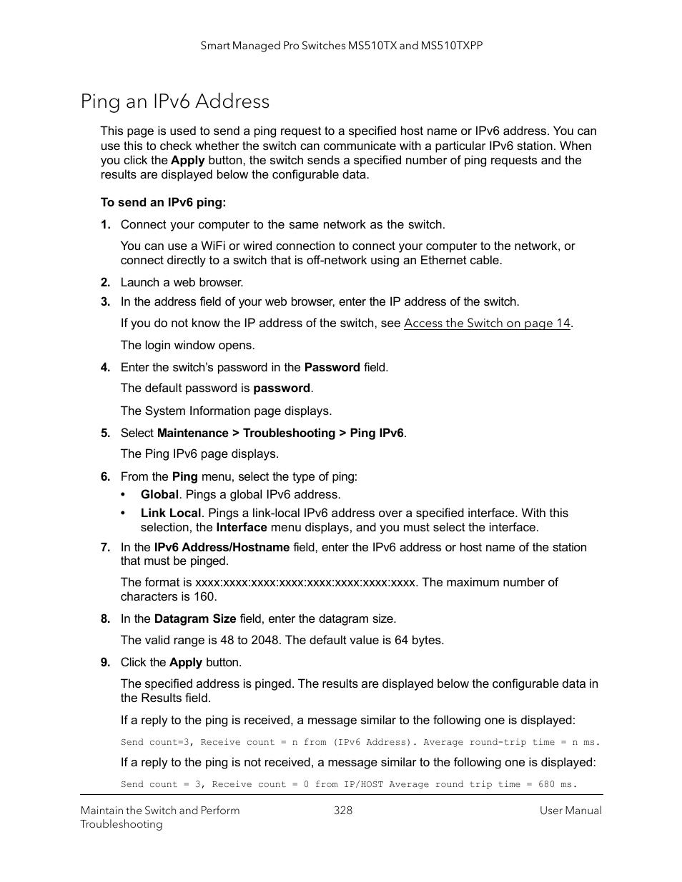 Ping an ipv6 address | NETGEAR MS510TXPP 8 Port Gigabit PoE Managed Switch User Manual | Page 328 / 355