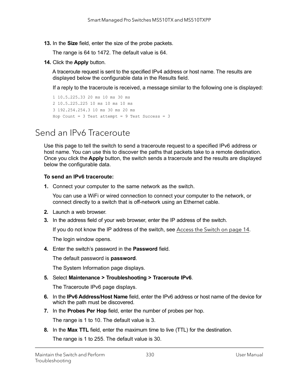 Send an ipv6 traceroute | NETGEAR MS510TXPP 8 Port Gigabit PoE Managed Switch User Manual | Page 330 / 355