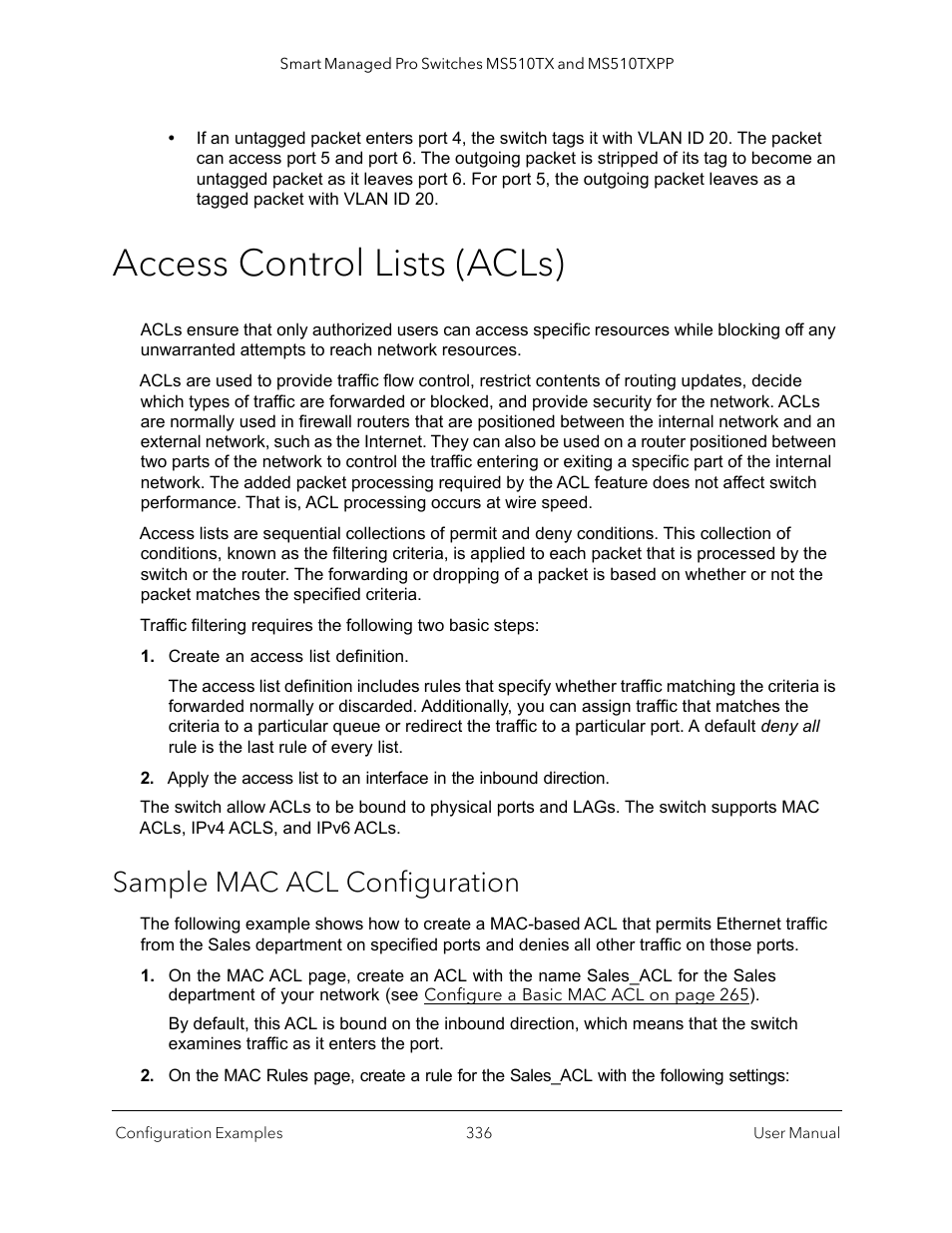 Access control lists (acls), Sample mac acl configuration | NETGEAR MS510TXPP 8 Port Gigabit PoE Managed Switch User Manual | Page 336 / 355