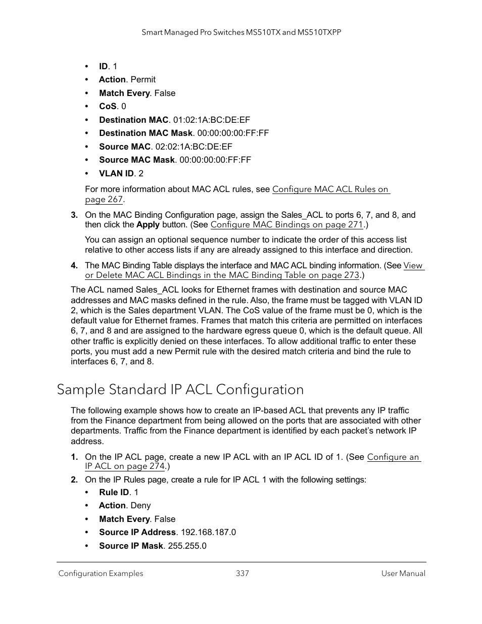 Sample standard ip acl configuration | NETGEAR MS510TXPP 8 Port Gigabit PoE Managed Switch User Manual | Page 337 / 355