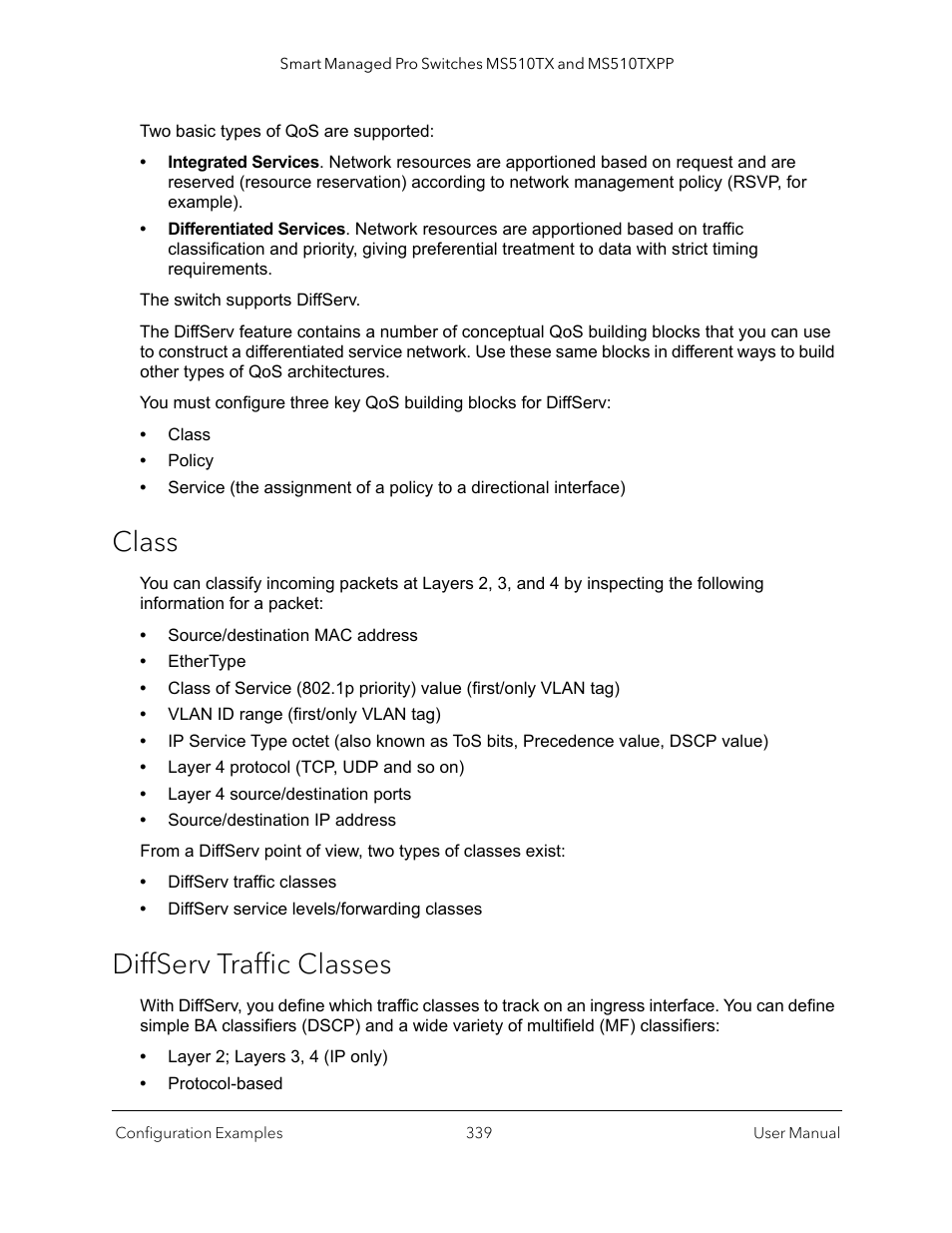 Class, Diffserv traffic classes, Class diffserv traffic classes | NETGEAR MS510TXPP 8 Port Gigabit PoE Managed Switch User Manual | Page 339 / 355