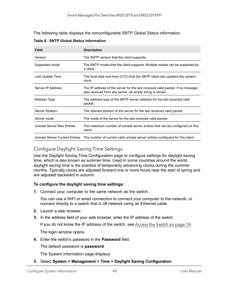 Configure daylight saving time settings | NETGEAR MS510TXPP 8 Port Gigabit PoE Managed Switch User Manual | Page 40 / 355