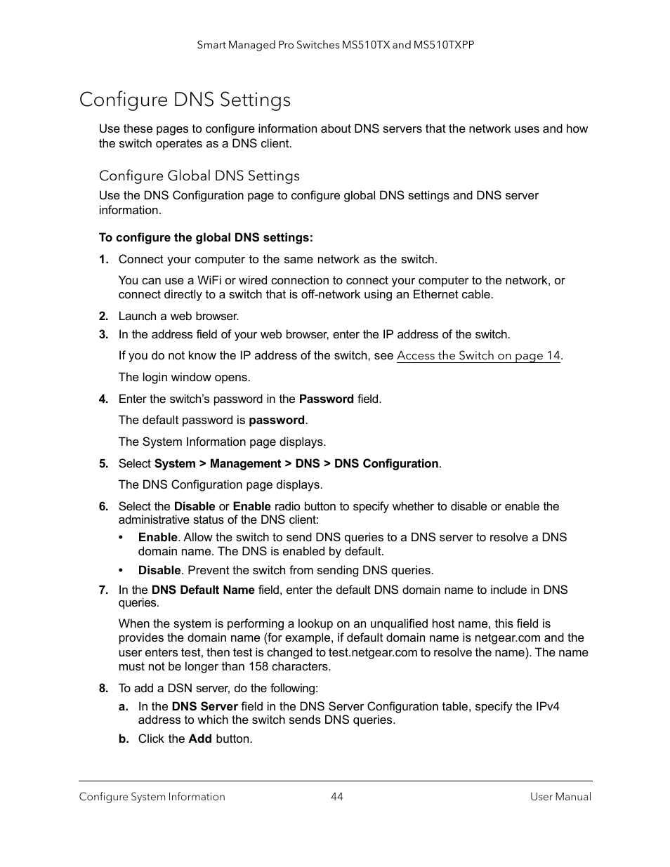 Configure dns settings | NETGEAR MS510TXPP 8 Port Gigabit PoE Managed Switch User Manual | Page 44 / 355