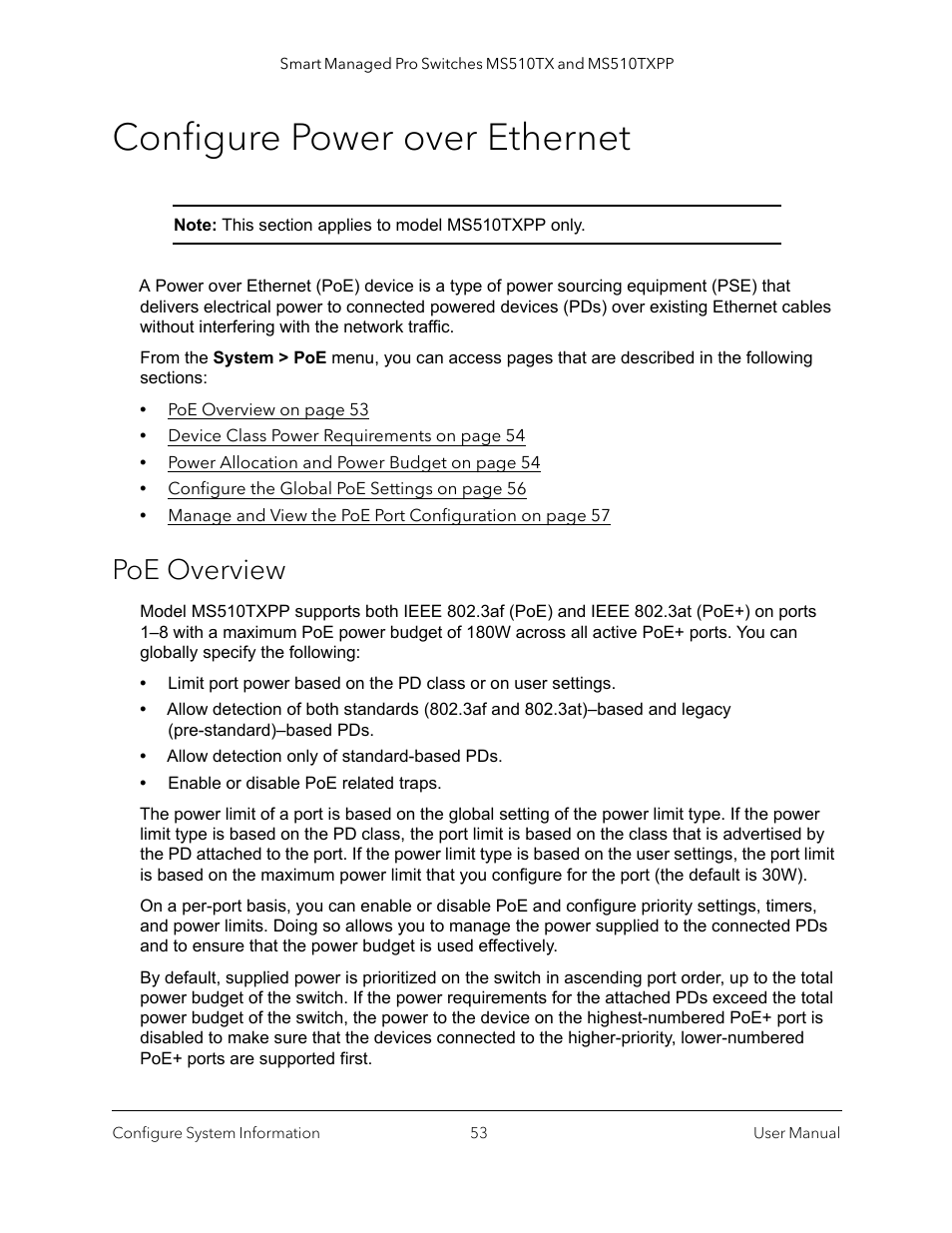 Configure power over ethernet, Poe overview | NETGEAR MS510TXPP 8 Port Gigabit PoE Managed Switch User Manual | Page 53 / 355