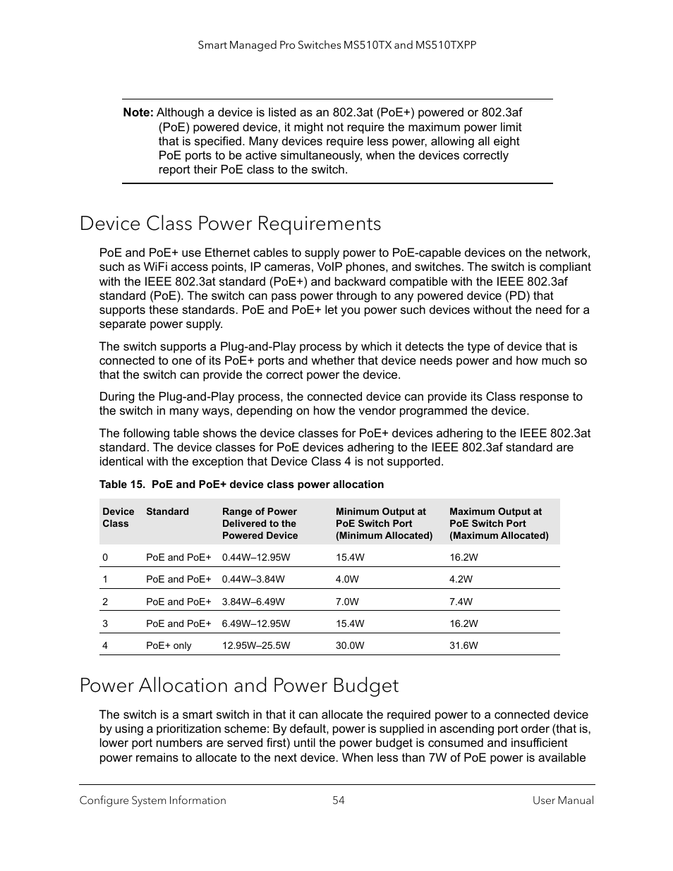 Device class power requirements, Power allocation and power budget | NETGEAR MS510TXPP 8 Port Gigabit PoE Managed Switch User Manual | Page 54 / 355