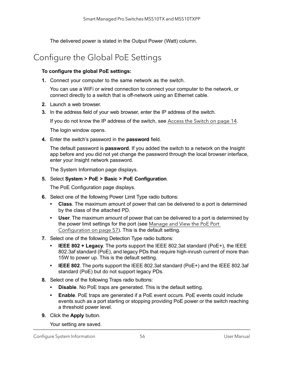 Configure the global poe settings, Configure the global poe, For ports g1–g4 only | NETGEAR MS510TXPP 8 Port Gigabit PoE Managed Switch User Manual | Page 56 / 355