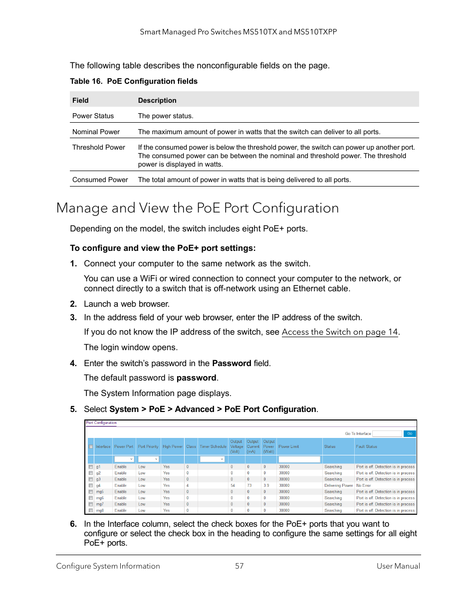 Manage and view the poe port configuration, Ports g1–g4 (see, G1–g4 (see | Manage and view the poe port | NETGEAR MS510TXPP 8 Port Gigabit PoE Managed Switch User Manual | Page 57 / 355