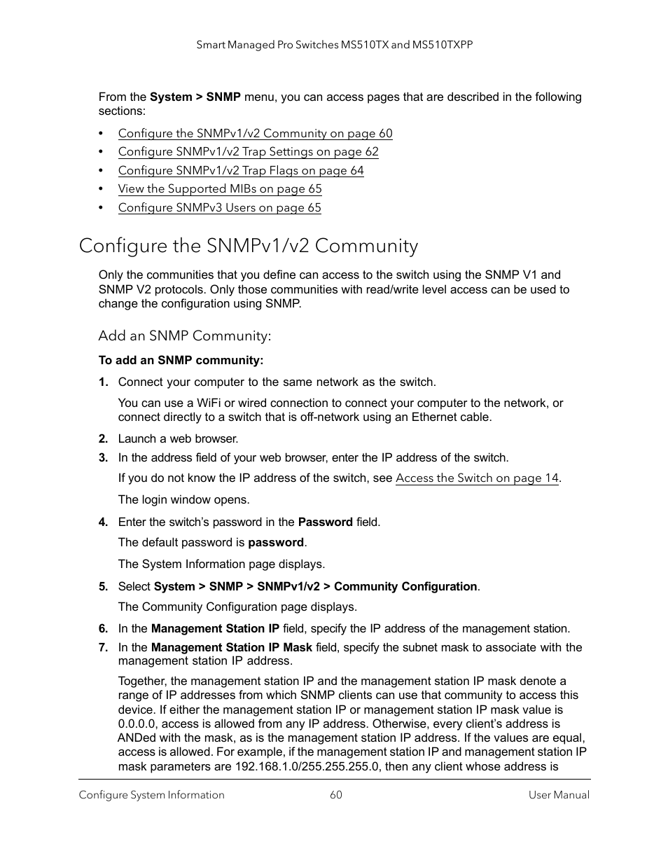 Configure the snmpv1/v2 community | NETGEAR MS510TXPP 8 Port Gigabit PoE Managed Switch User Manual | Page 60 / 355