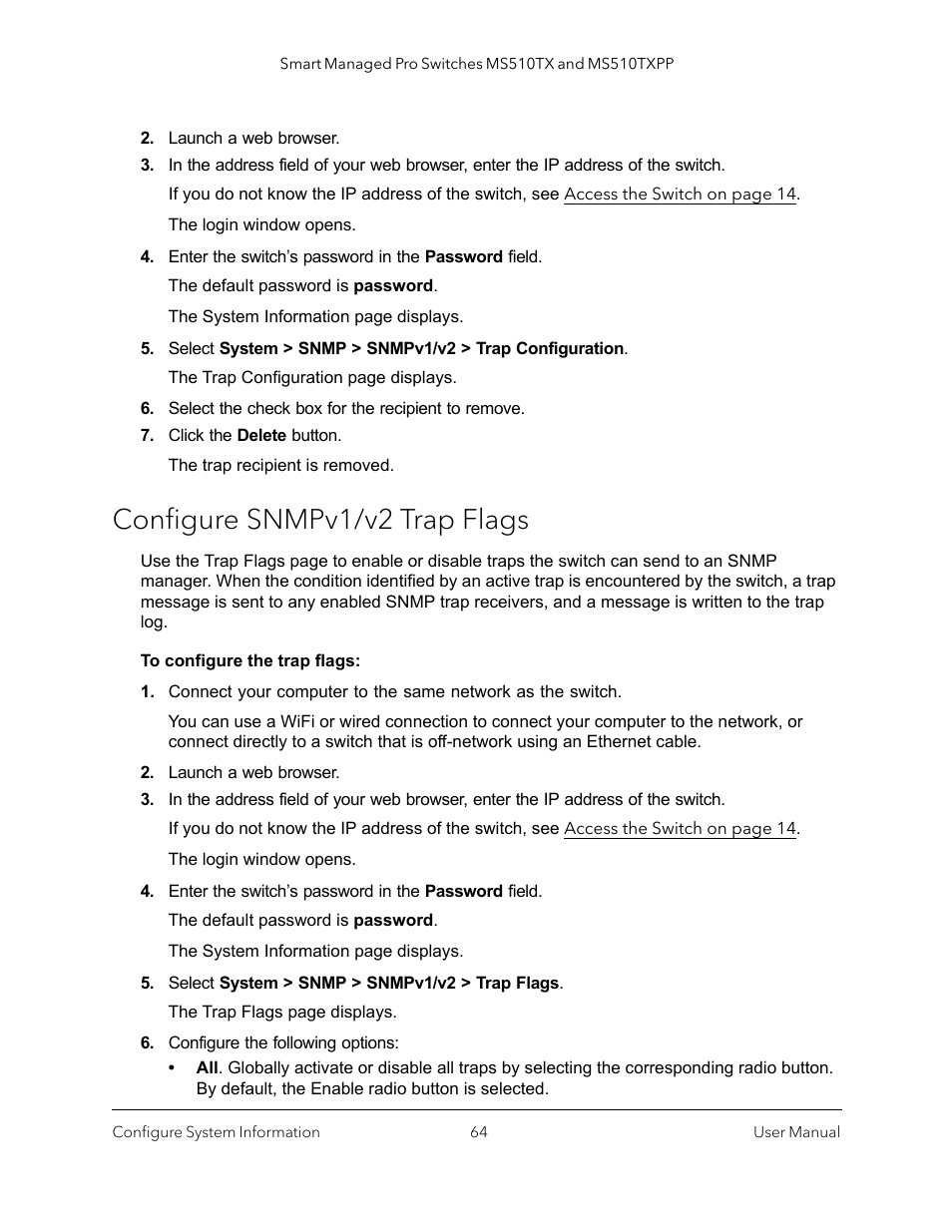 Configure snmpv1/v2 trap flags | NETGEAR MS510TXPP 8 Port Gigabit PoE Managed Switch User Manual | Page 64 / 355