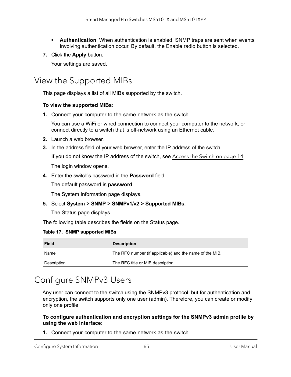 View the supported mibs, Configure snmpv3 users | NETGEAR MS510TXPP 8 Port Gigabit PoE Managed Switch User Manual | Page 65 / 355