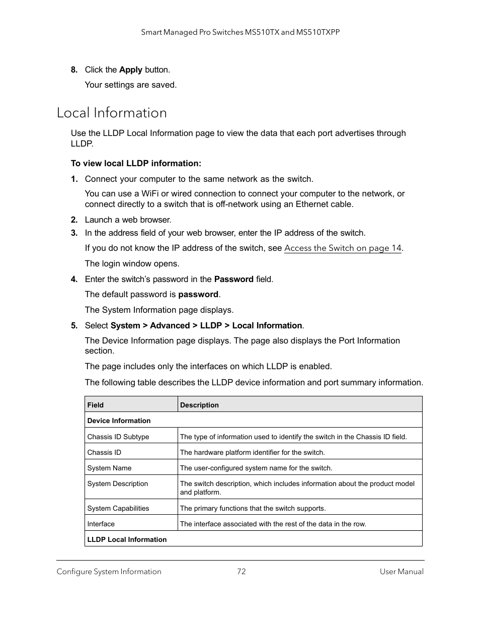 Local information | NETGEAR MS510TXPP 8 Port Gigabit PoE Managed Switch User Manual | Page 72 / 355