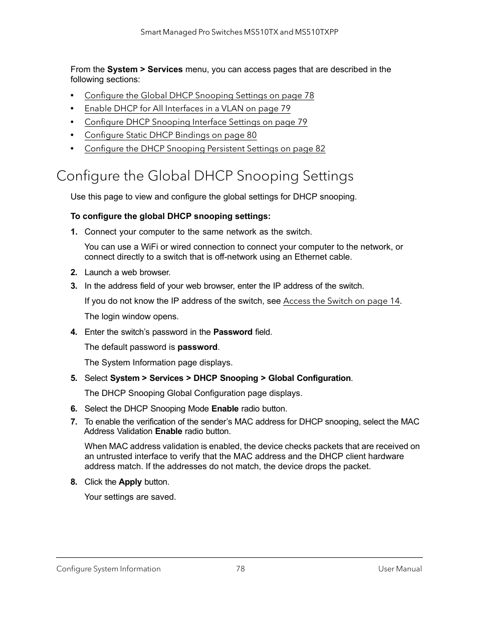 Configure the global dhcp snooping settings | NETGEAR MS510TXPP 8 Port Gigabit PoE Managed Switch User Manual | Page 78 / 355