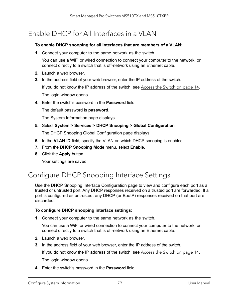 Enable dhcp for all interfaces in a vlan, Configure dhcp snooping interface settings | NETGEAR MS510TXPP 8 Port Gigabit PoE Managed Switch User Manual | Page 79 / 355