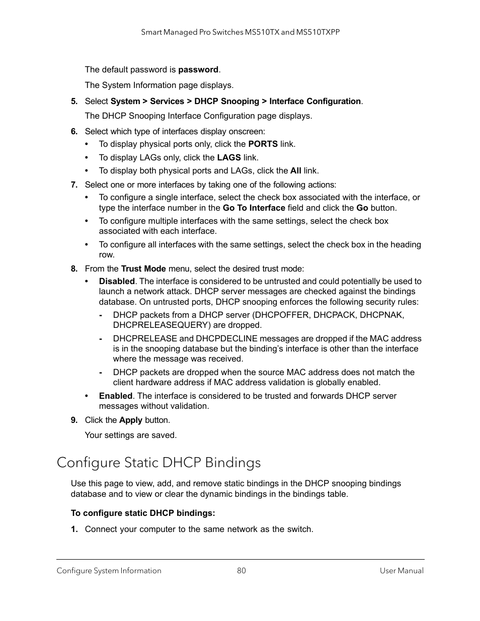 Configure static dhcp bindings | NETGEAR MS510TXPP 8 Port Gigabit PoE Managed Switch User Manual | Page 80 / 355