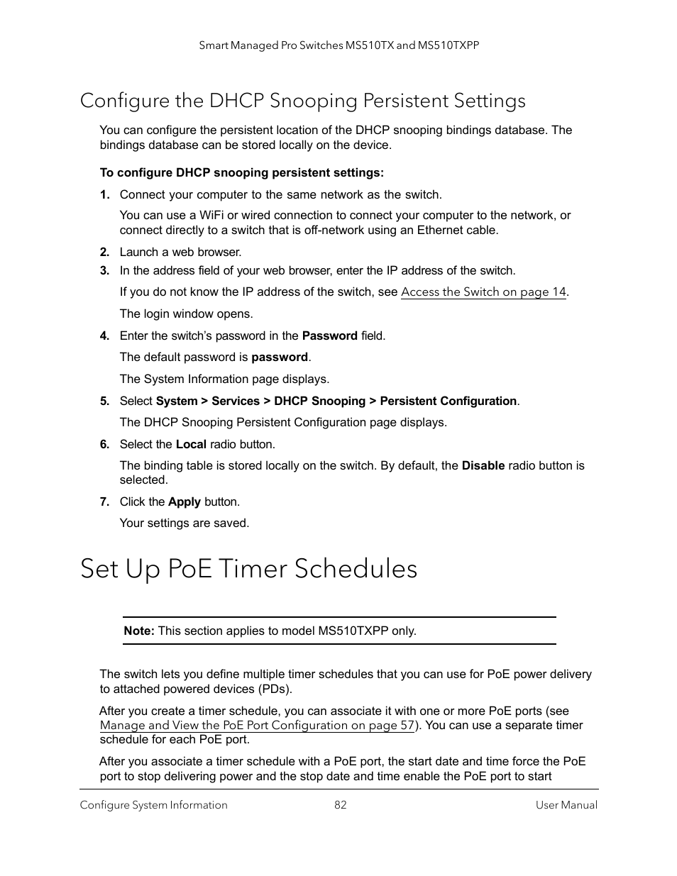 Configure the dhcp snooping persistent settings, Set up poe timer schedules, For information about poe timer schedules, see | Set up poe timer schedules on | NETGEAR MS510TXPP 8 Port Gigabit PoE Managed Switch User Manual | Page 82 / 355