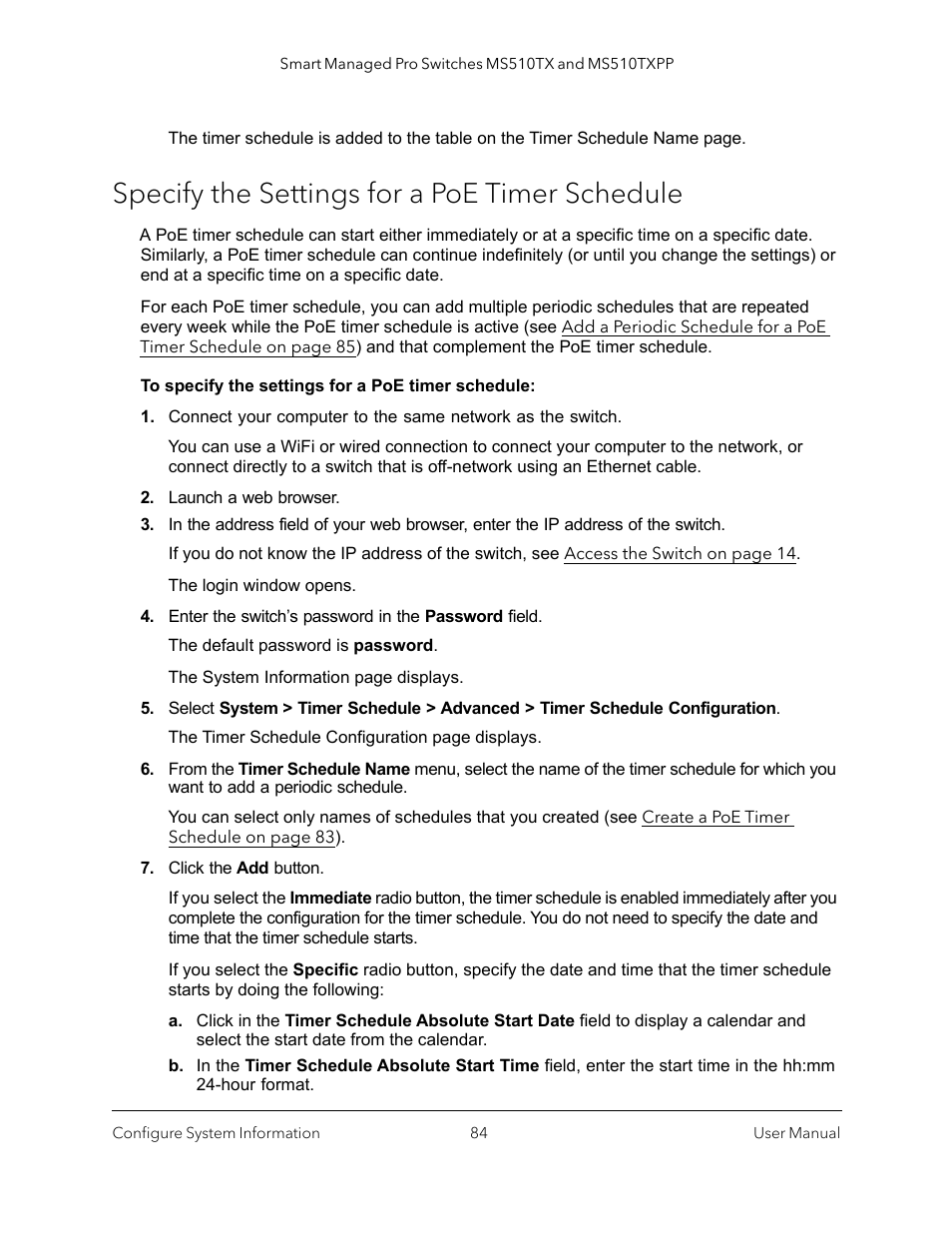 Specify the settings for a poe timer schedule | NETGEAR MS510TXPP 8 Port Gigabit PoE Managed Switch User Manual | Page 84 / 355