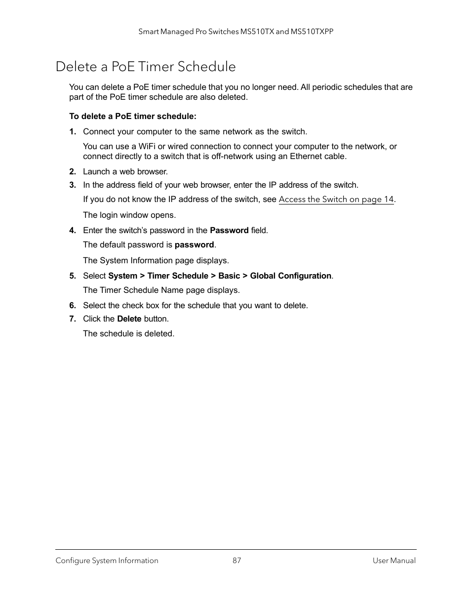 Delete a poe timer schedule | NETGEAR MS510TXPP 8 Port Gigabit PoE Managed Switch User Manual | Page 87 / 355