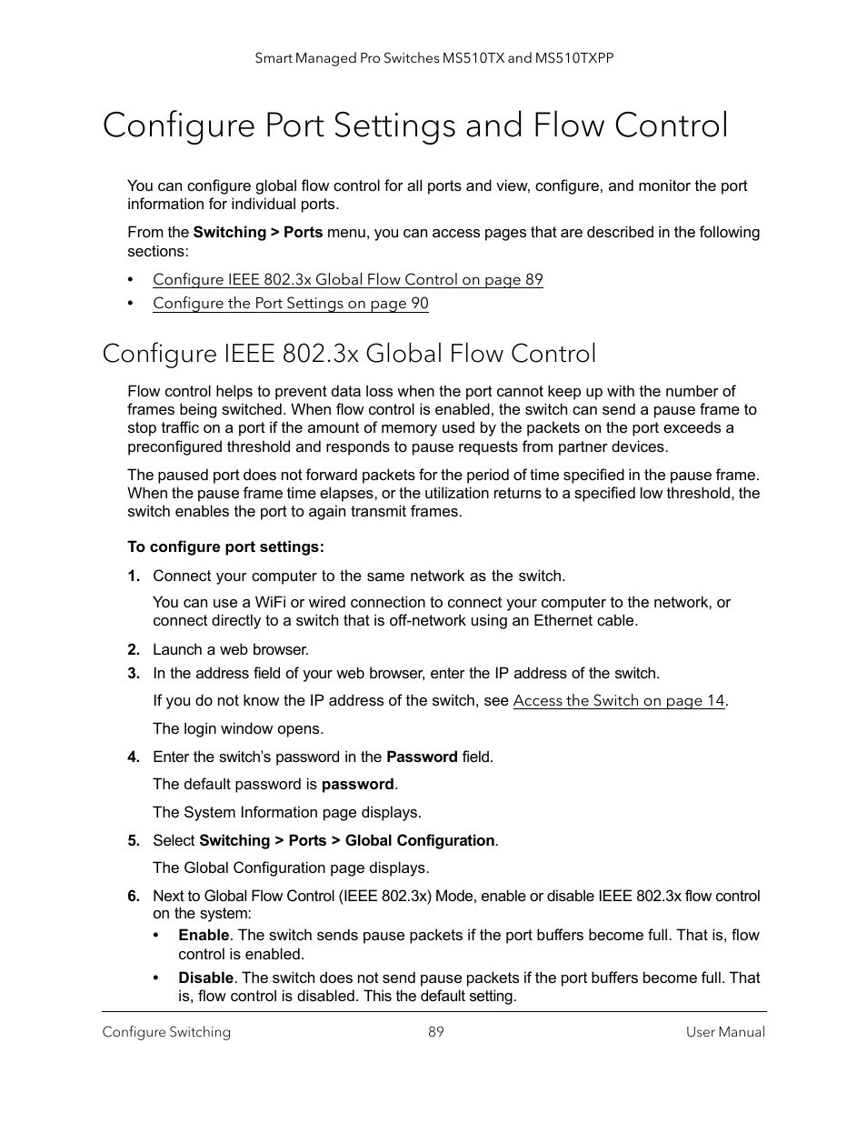 Configure port settings and flow control, Configure ieee 802.3x global flow control | NETGEAR MS510TXPP 8 Port Gigabit PoE Managed Switch User Manual | Page 89 / 355