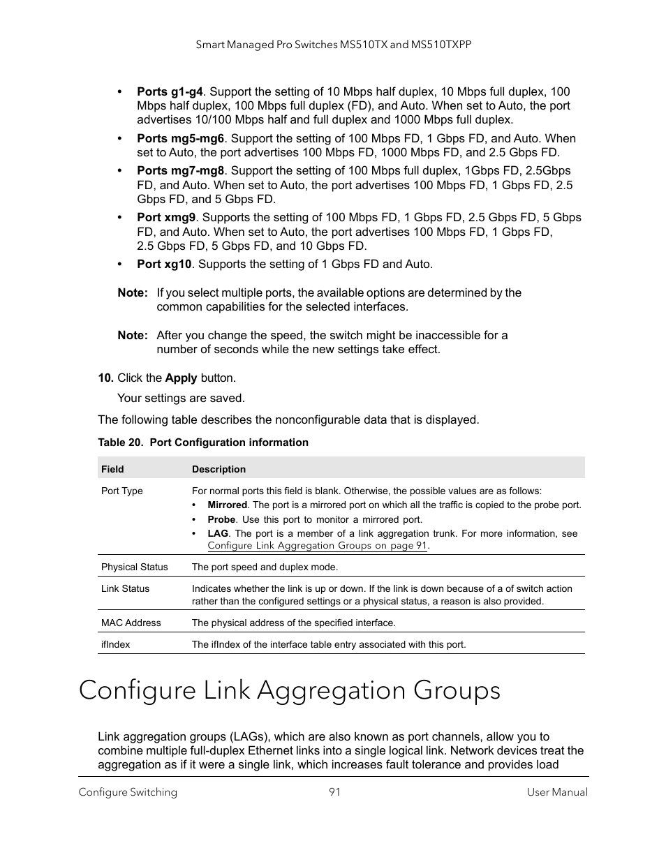 Configure link aggregation groups | NETGEAR MS510TXPP 8 Port Gigabit PoE Managed Switch User Manual | Page 91 / 355