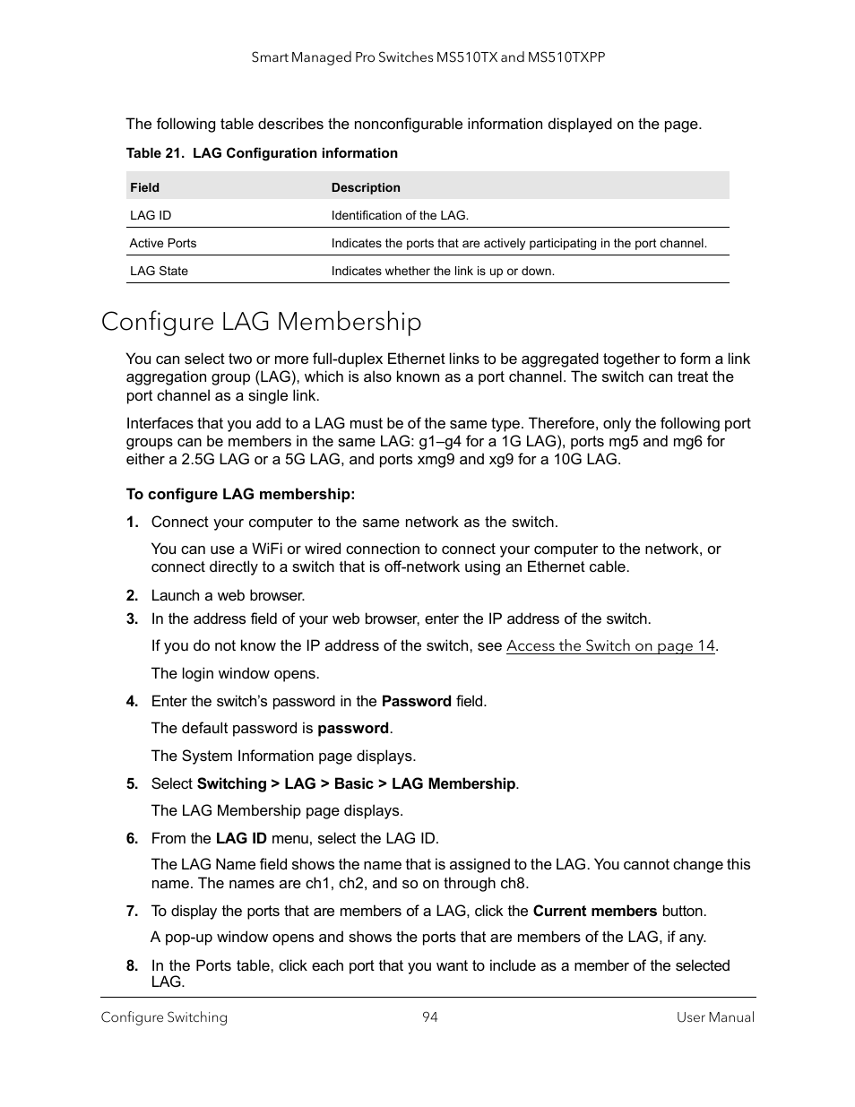 Configure lag membership | NETGEAR MS510TXPP 8 Port Gigabit PoE Managed Switch User Manual | Page 94 / 355