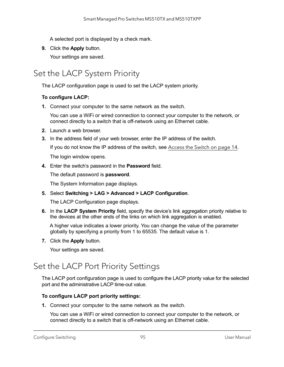 Set the lacp system priority, Set the lacp port priority settings | NETGEAR MS510TXPP 8 Port Gigabit PoE Managed Switch User Manual | Page 95 / 355