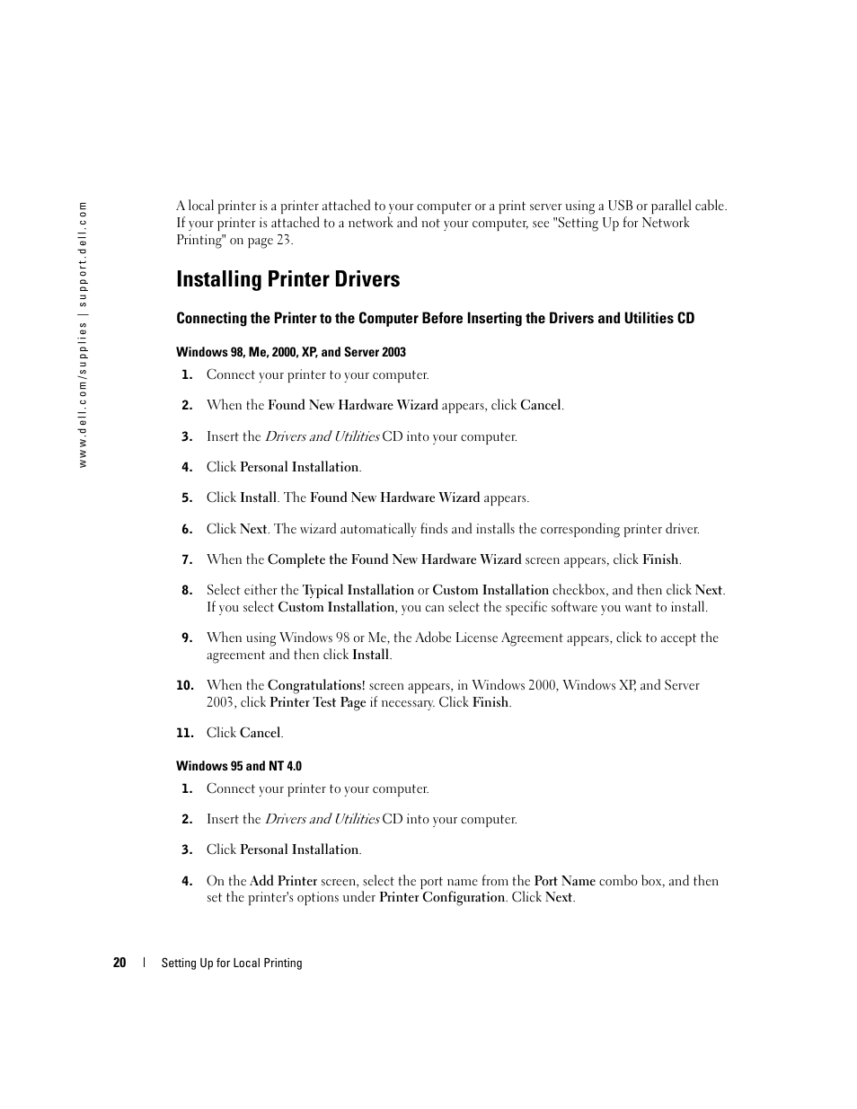 Installing printer drivers, Connecting the printer to the computer, Before inserting the drivers and utilities cd | Dell 3100cn User Manual | Page 20 / 90