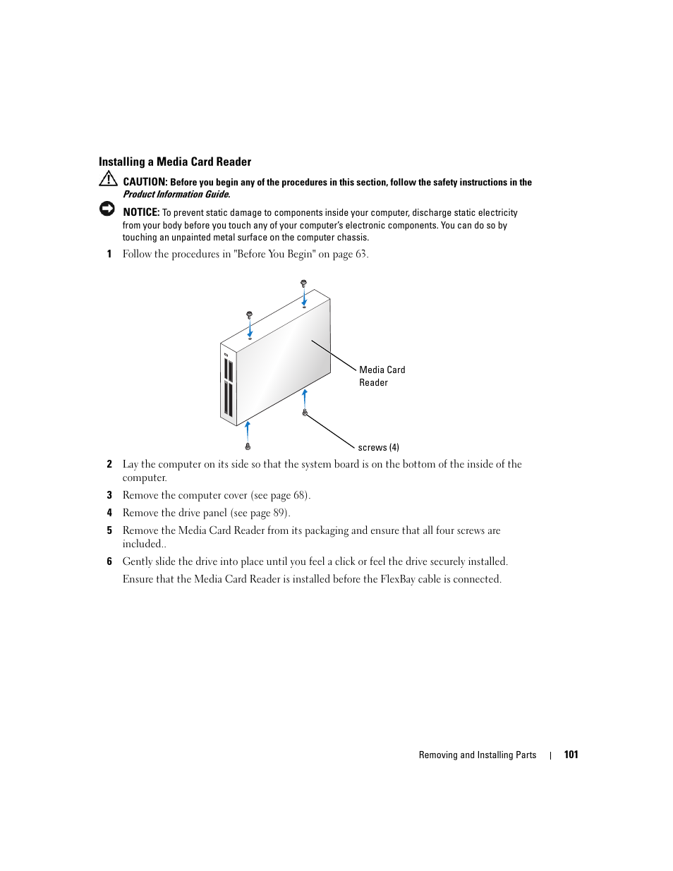Installing a media card reader | Dell Dimension 9150 User Manual | Page 101 / 148
