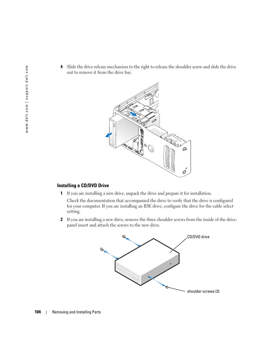 Installing a cd/dvd drive | Dell Dimension 9150 User Manual | Page 104 / 148