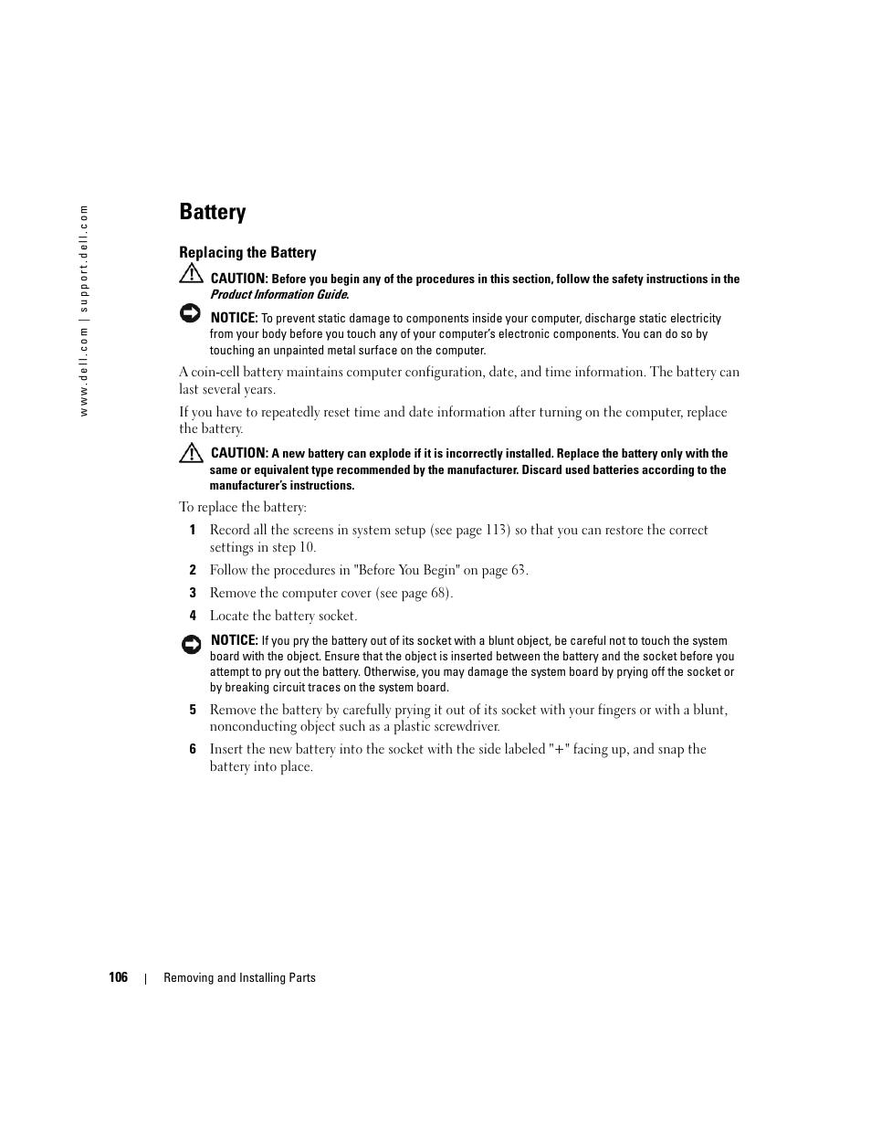 Battery, Replacing the battery | Dell Dimension 9150 User Manual | Page 106 / 148