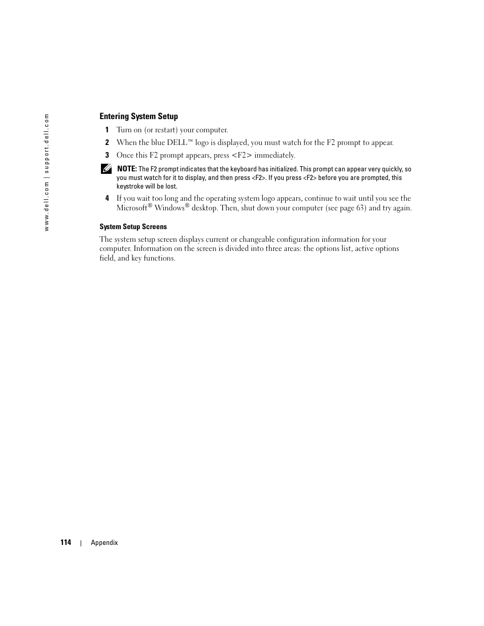 Entering system setup | Dell Dimension 9150 User Manual | Page 114 / 148