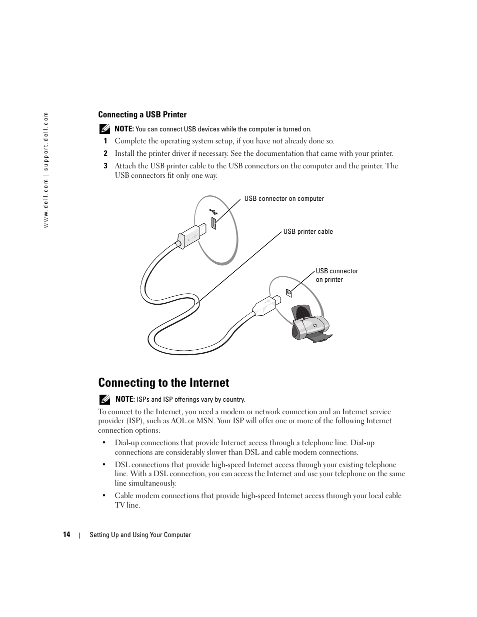 Connecting a usb printer, Connecting to the internet | Dell Dimension 9150 User Manual | Page 14 / 148