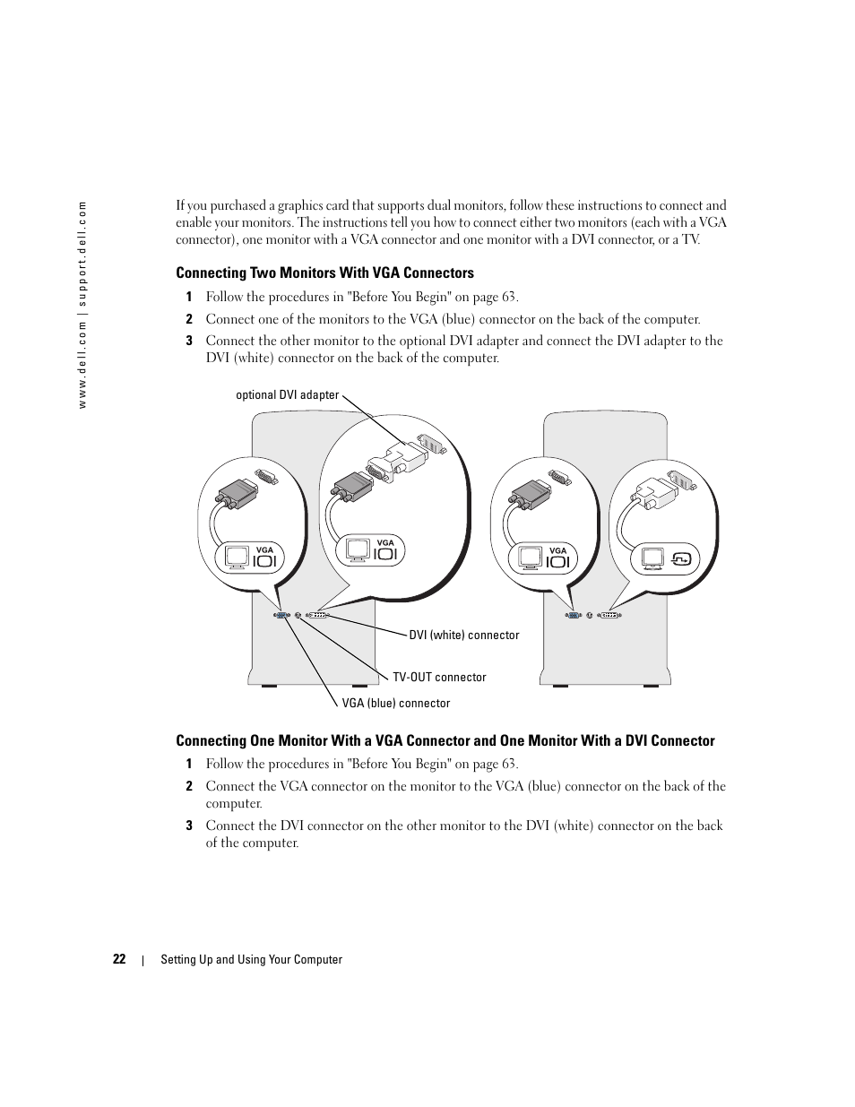 Connecting two monitors with vga connectors | Dell Dimension 9150 User Manual | Page 22 / 148